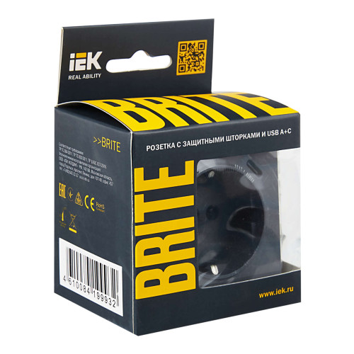 BRITE Розетка 1-местная с заземлением с защитными шторками 16А с USB A+C 18Вт РЮш11-1-БрМ маренго IEK