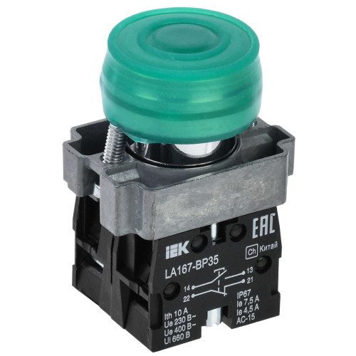 Кнопка управления LA167-BP35 d=22мм 1NO+1NNC зеленая IEK
