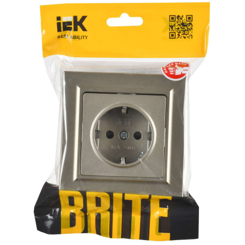 BRITE Розетка 1-местная с заземлением с защитными шторками 16А в сборе РСР14-1-0-БрШ шампань IEK