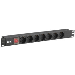 ITK PDU 7 розеток нем. стандарт, с LED выключателем,1U, без шнура, вх. C14, алюминиевый профиль