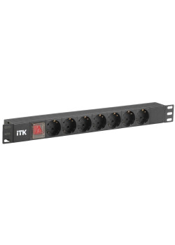 ITK PDU 7 розеток нем. стандарт, с LED выключателем,1U, без шнура, вх. C14, алюминиевый профиль