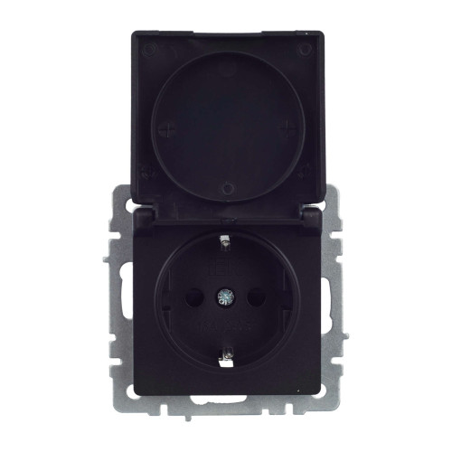 BRITE Розетка 1-местная с заземлением с защитными шторками и крышкой 16А IP44 РСбш10-3-44-БрЧ черный IEK