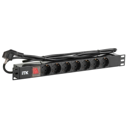 ITK PDU 7 розеток нем. стандарт, с LED выключателем,1U, шнур 2м вилка нем. стандарт, алюминиевый профиль