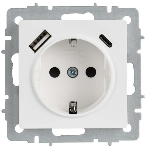 BRITE Розетка 1-местная с заземлением с защитными шторками 16А с USB A+C 18Вт РЮш11-1-БрАБ арктический белый IEK