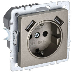 BRITE Розетка 1-местная с заземлением с защитными шторками 16А с USB A+A 5В 2,1А РЮш10-1-БрШ шампань IEK