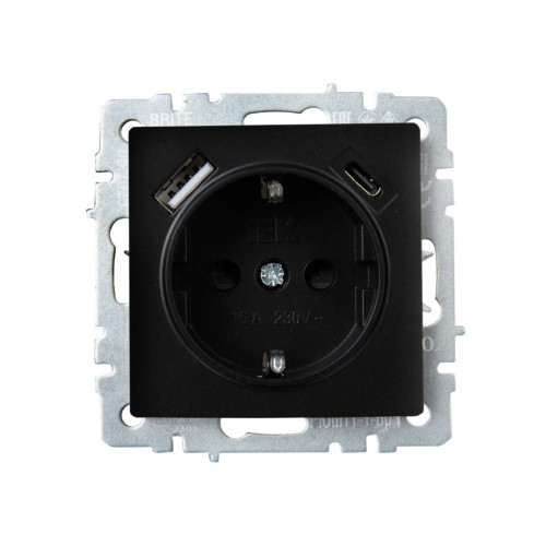 BRITE Розетка 1-местная с заземлением с защитными шторками 16А с USB A+C 18Вт РЮш11-1-БрЧ черный IEK