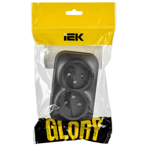 GLORY Розетка 2-местная для открытой установки без заземления с защитными шторками 10А РСш22-2-ХСм сталь матовый IEK