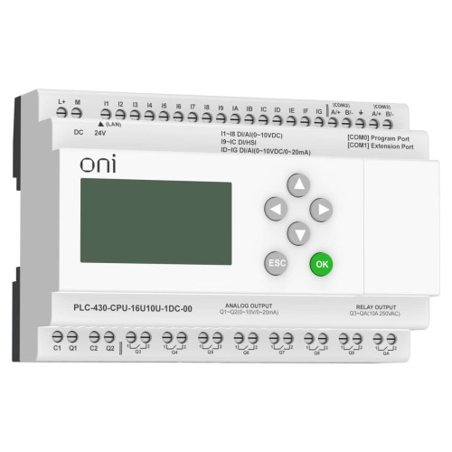 ПЛК 430 Модуль ЦПУ 4 DI 12 UI (0-10 В/DI) 8 RO 2 AO (1 шт 0-10 В и 1 шт 0-20 мА) 24В DC с Ethernet портом с экраном ONI