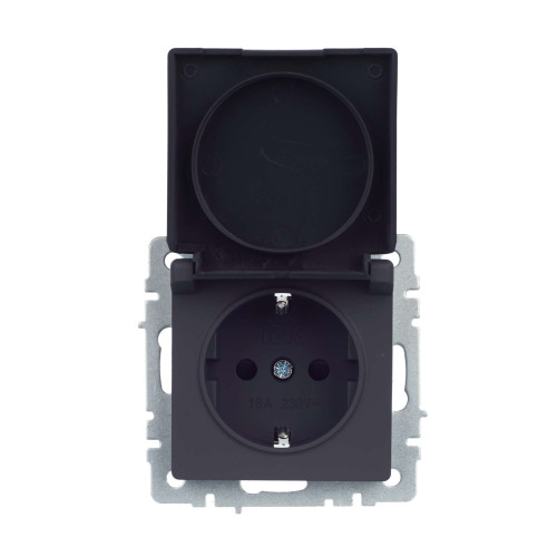 BRITE Розетка 1-местная с заземлением с защитными шторками и крышкой 16А IP44 РСбш10-3-44-БрГ графит IEK