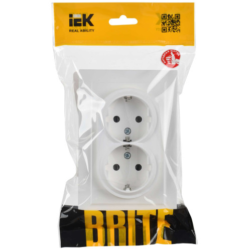 BRITE Розетка 2-местная с заземлением без защитных шторок 16А в сборе РС12-3-БрАБ арктический белый IEK
