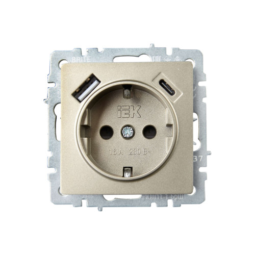 BRITE Розетка 1-местная с заземлением с защитными шторками 16А с USB A+C 18Вт РЮш11-1-БрШ шампань IEK