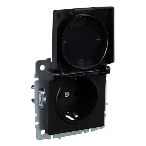 BRITE Розетка 1-местная с заземлением с защитными шторками и крышкой 16А IP20 РСбш10-3-БрЧ черный IEK