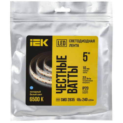Лента светодиодная 5м SMD2835 240LED/м 22Вт/м IP20 ширина 10мм 24В холодный белый IEK