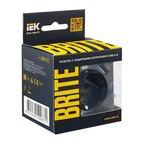 BRITE Розетка 1-местная с заземлением с защитными шторками 16А с USB A+A 5В 2,1А РЮш10-1-БрМ маренго IEK