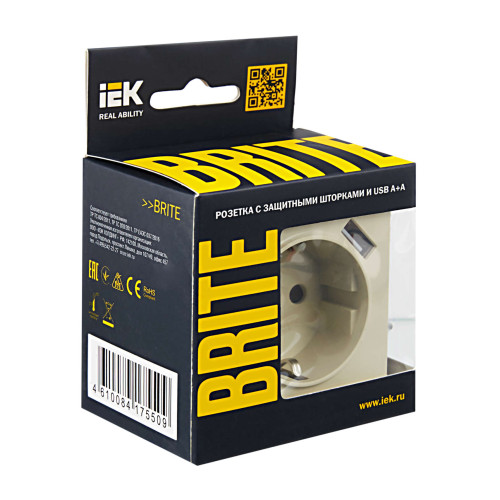 BRITE Розетка 1-местная с заземлением с защитными шторками 16А с USB A+A 5В 2,1А РЮш10-1-БрКр бежевый IEK
