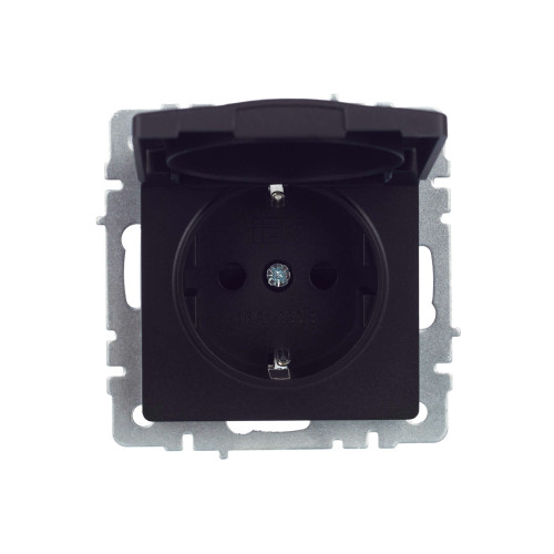 BRITE Розетка 1-местная с заземлением с защитными шторками и крышкой 16А IP44 РСбш10-3-44-БрЧ черный IEK