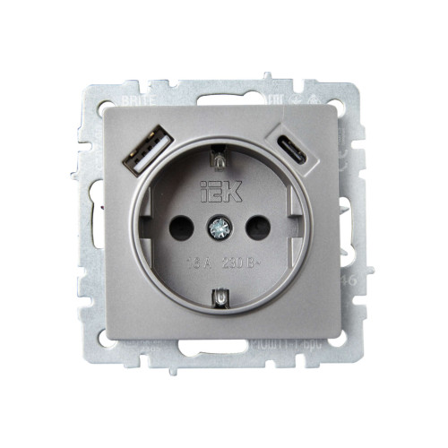 BRITE Розетка 1-местная с заземлением с защитными шторками 16А с USB A+C 18Вт РЮш11-1-БрС сталь IEK