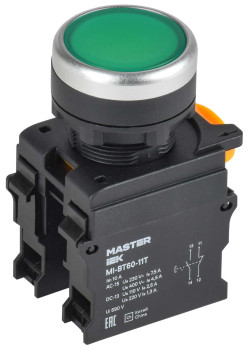 Кнопка с фиксацией d=22мм 1NO+1NC зелёная MASTER IEK