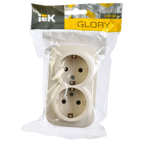GLORY Розетка 2-местная для открытой установки с заземлением без защитных шторок 16А РС22-3-ХК кремовый IEK