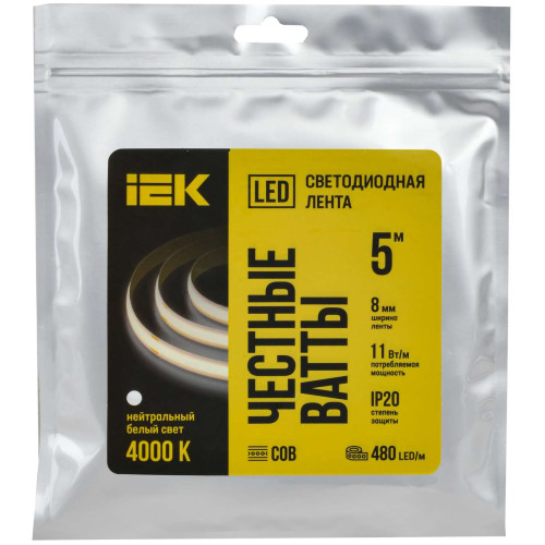Лента светодиодная 5м COB 480LED/м 11Вт/м IP20 ширина 8мм 24В нейтральный белый IEK
