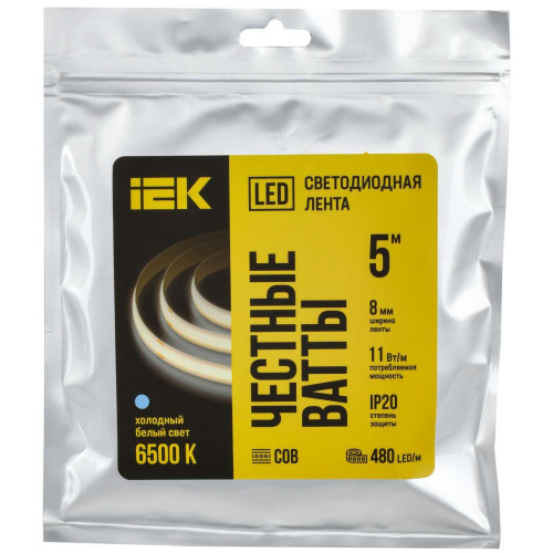 Лента светодиодная 5м COB 480LED/м 11Вт/м IP20 ширина 8мм 24В холодный белый IEK