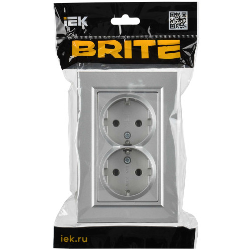 BRITE Розетка 2-местная с заземлением без защитных шторок плоская 16А в сборе РСПл12-3-БрА алюминий IEK