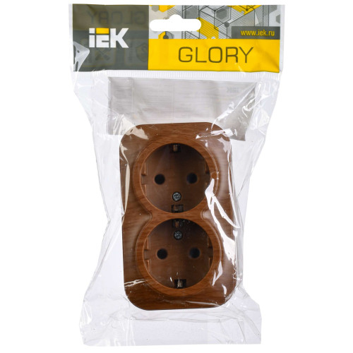 GLORY Розетка 2-местная для открытой установки с заземлением без защитных шторок 16А РС22-3-ХД дуб IEK