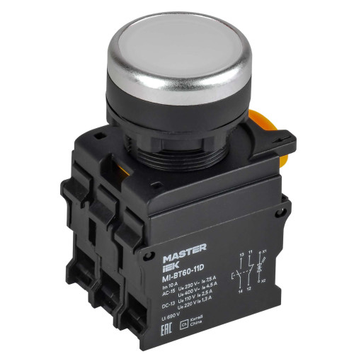 Кнопка с подсветкой d=22мм 1NO+1NC белая MASTER IEK