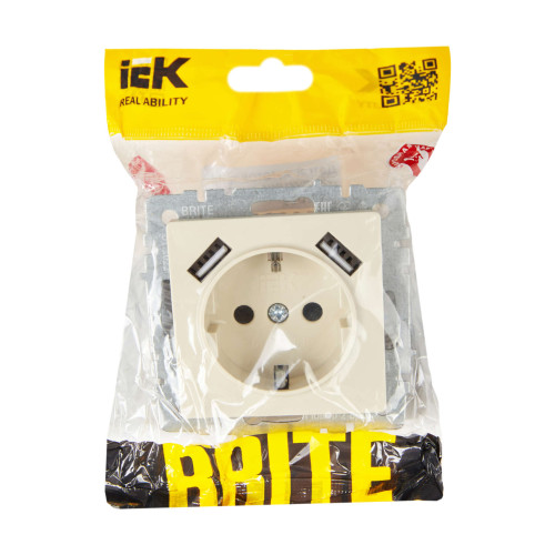 BRITE Розетка 1-местная с заземлением с защитными шторками 16А с USB A+A 5В 3,1А РЮш10-2-БрКр бежевый IEK
