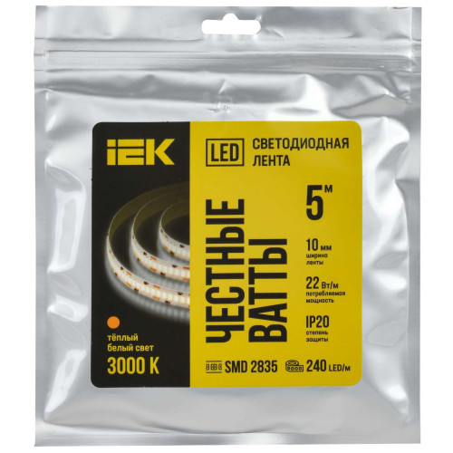 Лента светодиодная 5м SMD2835 240LED/м 22Вт/м IP20 ширина 10мм 24В теплый белый IEK