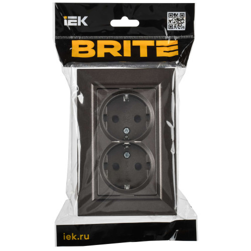 BRITE Розетка 2-местная с заземлением с защитными шторками плоская 16А в сборе РСшПл12-3-БрТБ темная бронза IEK