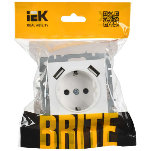BRITE Розетка 1-местная с заземлением с защитными шторками 16А с USB A+A 5В 3,1А РЮш10-2-БрАБ арктический белый IEK
