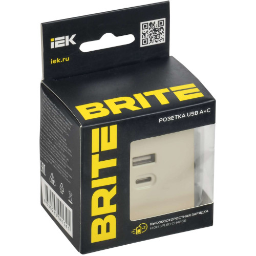 BRITE Розетка USB A+C 45Вт высокоскоростная зарядка РЮ11-2-БрКр бежевый IEK