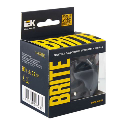 BRITE Розетка 1-местная с заземлением с защитными шторками 16А с USB A+A 5В 2,1А РЮш10-1-БрЧ черный IEK