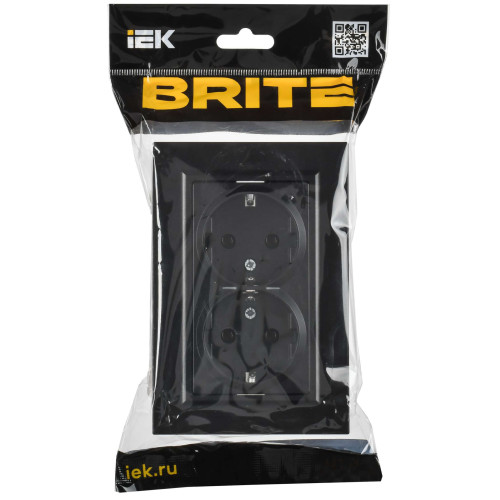 BRITE Розетка 2-местная с заземлением без защитных шторок плоская 16А в сборе РСПл12-3-БрЧ черный IEK