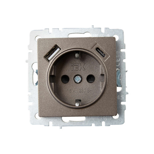 BRITE Розетка 1-местная с заземлением с защитными шторками 16А с USB A+C 18Вт РЮш11-1-БрТБ темная бронза IEK
