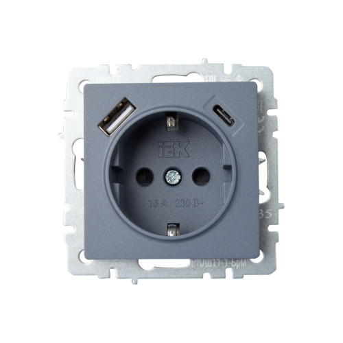 BRITE Розетка 1-местная с заземлением с защитными шторками 16А с USB A+C 18Вт РЮш11-1-БрМ маренго IEK