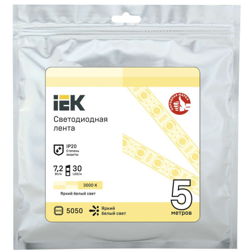 Лента светодиодная 5м LSR-5050WW30-7,2-IP20-12В IEK
