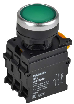 Кнопка с подсветкой d=22мм 1NO+1NC зелёная MASTER IEK