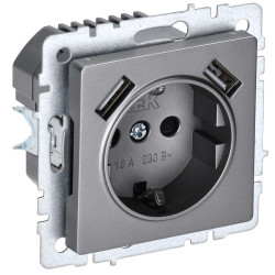 BRITE Розетка 1-местная с заземлением с защитными шторками 16А с USB A+A 5В 2,1А РЮш10-1-БрС сталь IEK