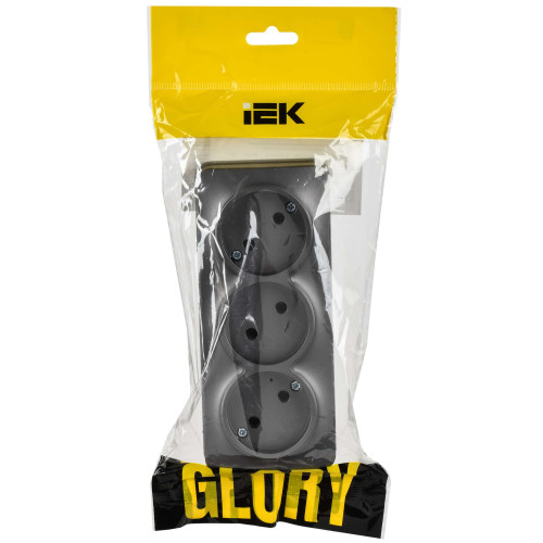 GLORY Розетка 3-местная для открытой установки без заземления без защитных шторок 10А РС23-2-ХСм сталь матовый IEK