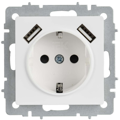 BRITE Розетка 1-местная с заземлением с защитными шторками 16А с USB A+A 5В 2,1А РЮш10-1-БрАБ арктический белый IEK