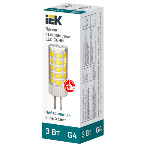 Лампа светодиодная CORN капсула 3Вт 12В 4000К керамика G4 IEK
