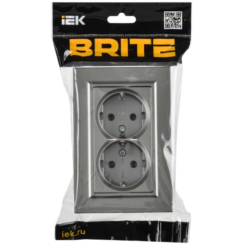 BRITE Розетка 2-местная с заземлением без защитных шторок плоская 16А в сборе РСПл12-3-БрС сталь IEK