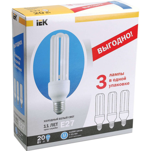Лампа энергосберегающая КЭЛ-3U Е27 20Вт 4000К Т4 ПРОМОПАК 3шт IEK