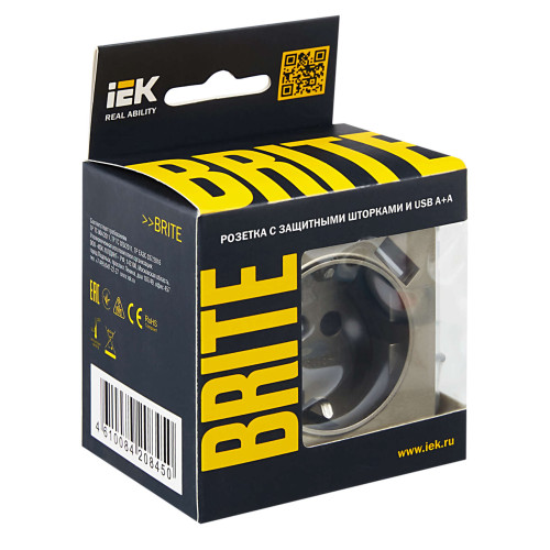 BRITE Розетка 1-местная с заземлением с защитными шторками 16А с USB A+A 5В 2,1А РЮш10-1-БрШ шампань IEK