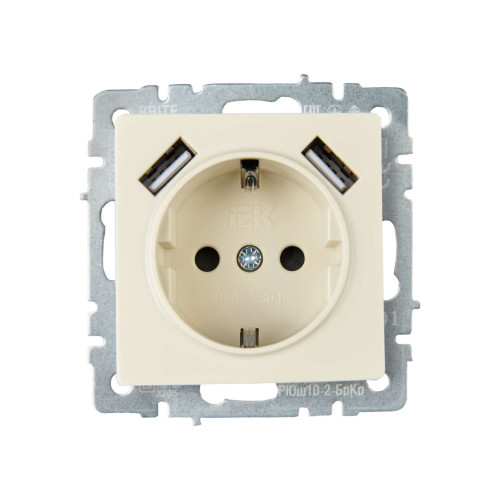 BRITE Розетка 1-местная с заземлением с защитными шторками 16А с USB A+A 5В 3,1А РЮш10-2-БрКр бежевый IEK