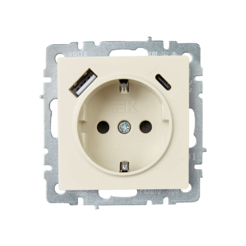 BRITE Розетка 1-местная с заземлением с защитными шторками 16А с USB A+C 18Вт РЮш11-1-БрКр бежевый IEK