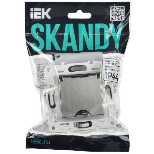 SKANDY Розетка 1-местная с заземлением с защитными шторками и крышкой 16А IP44 SK-R11N металл никель IEK
