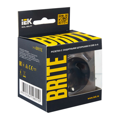 BRITE Розетка 1-местная с заземлением с защитными шторками 16А с USB A+A 5В 2,1А РЮш10-1-БрТБ темная бронза IEK